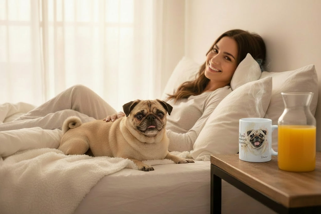 Carlino en la cama junto a su dueña por la mañana con taza Kiranoa y zumo de naranja — Mi perro me manipula y lo permito