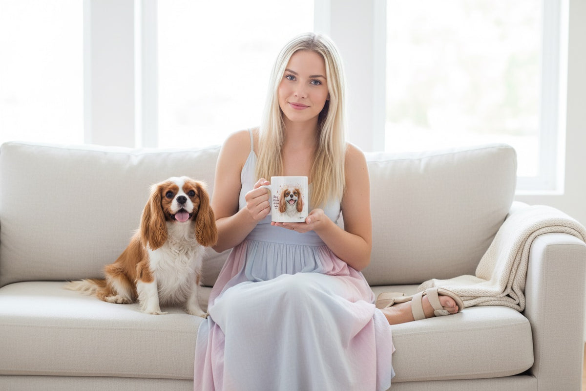 Cavalier King Charles Spaniel junto a taza cerámica con ilustración en acuarela – escena lifestyle Kiranoa