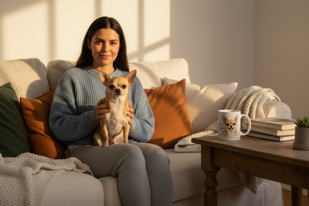 Chihuahua en el regazo de su dueña en el sofá con taza Kiranoa — Pequeño pero con mucha actitud