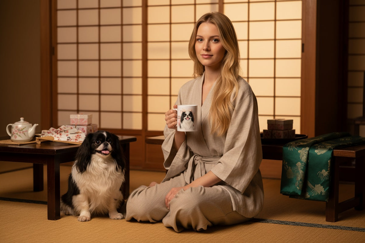 Chin Japonés junto a taza cerámica con ilustración en acuarela – escena lifestyle Kiranoa