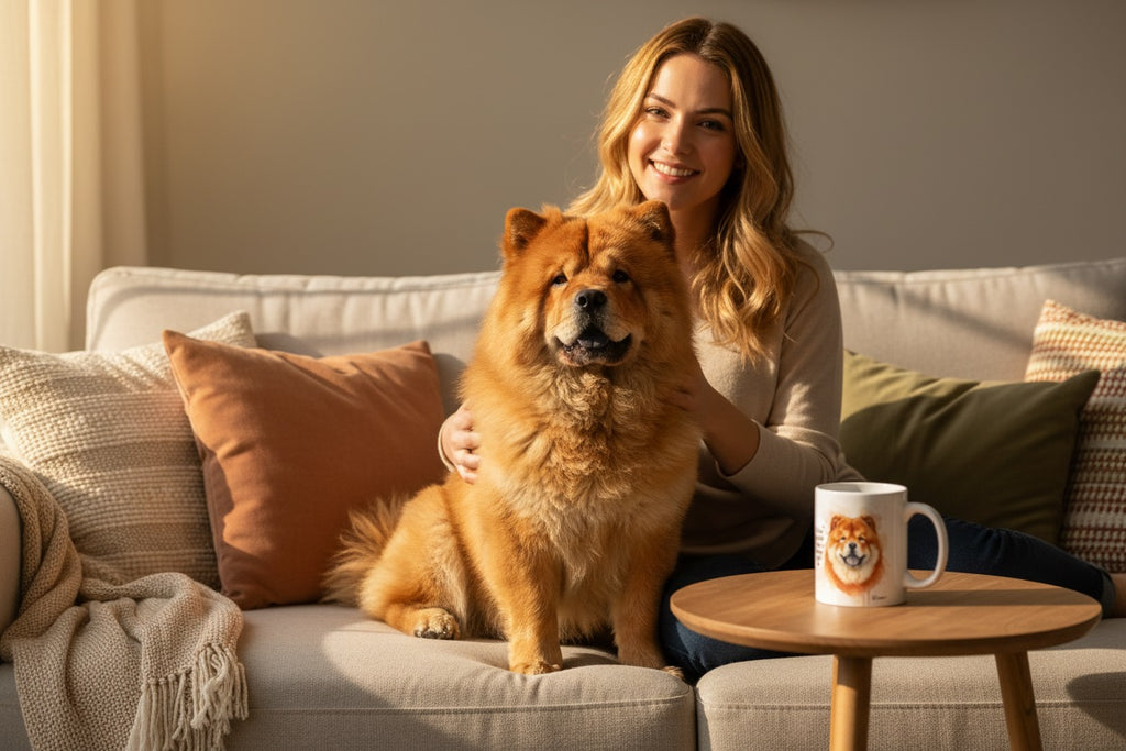 Chow Chow esponjoso junto a su dueño con taza Kiranoa — Mi oso favorito tiene lengua azul