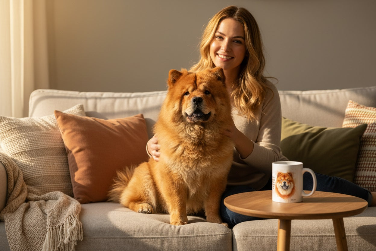 Chow Chow esponjoso junto a su dueño con taza Kiranoa — Mi oso favorito tiene lengua azul