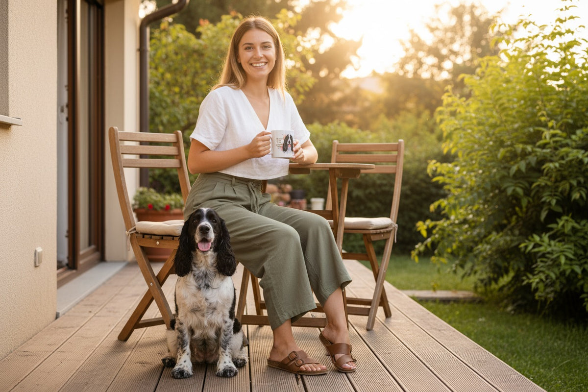 Cocker Spaniel Americano junto a taza cerámica con ilustración en acuarela – escena lifestyle Kiranoa
