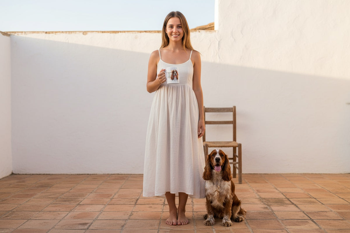 Cocker Spaniel Americano junto a taza cerámica con ilustración en acuarela – escena lifestyle Kiranoa