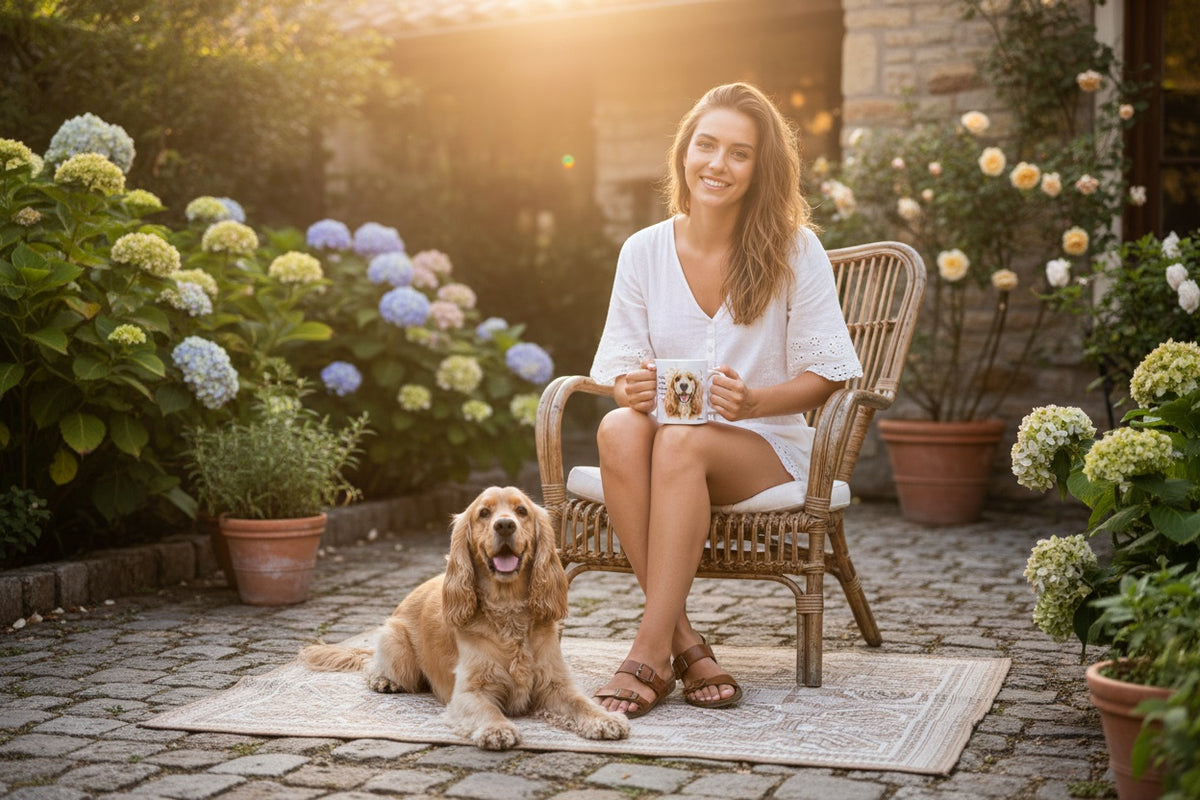 Cocker Spaniel Inglés junto a taza cerámica con ilustración en acuarela – escena lifestyle Kiranoa