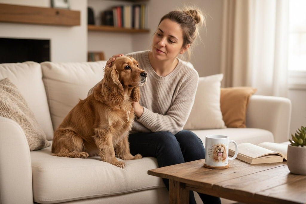 Cocker Spaniel dorado en el sofá con taza Kiranoa — Orejas grandes, corazón enorme