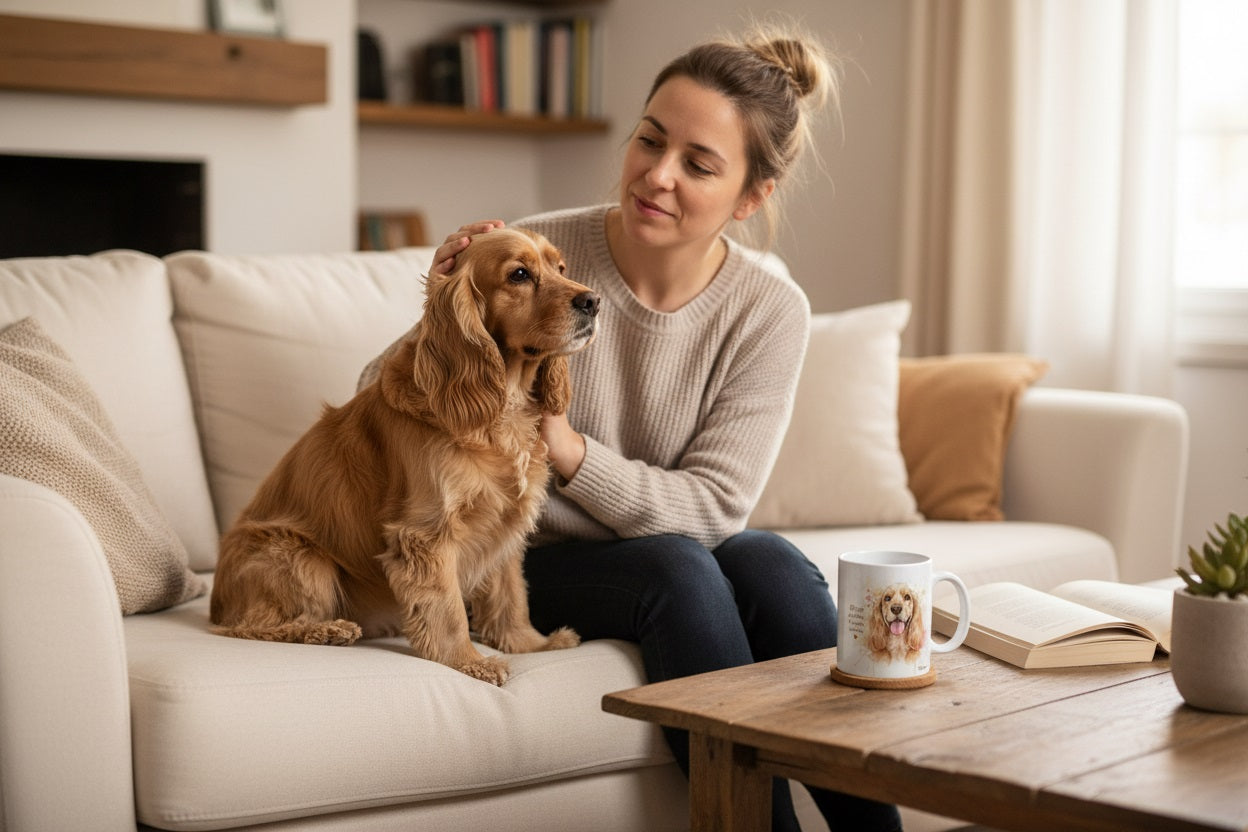 Cocker Spaniel dorado en el sofá con taza Kiranoa — Orejas grandes, corazón enorme