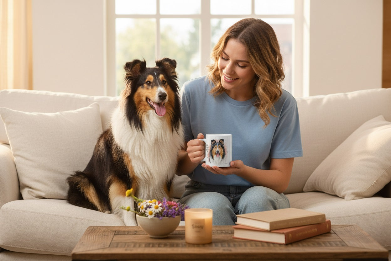 Collie tricolor junto a taza cerámica con ilustración en acuarela – escena lifestyle Kiranoa