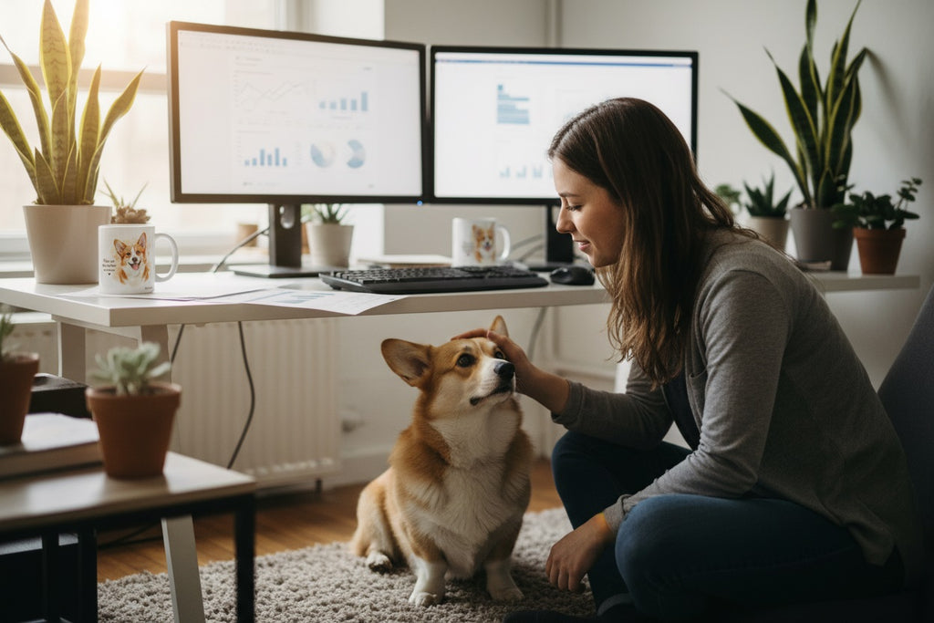 Corgi junto a su dueña en oficina con taza Kiranoa — Patas que dejan huellas en el alma