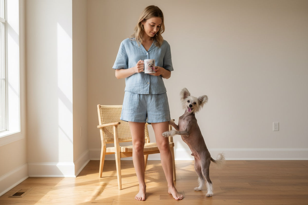 Crestado Chino junto a taza cerámica con ilustración en acuarela – escena lifestyle Kiranoa