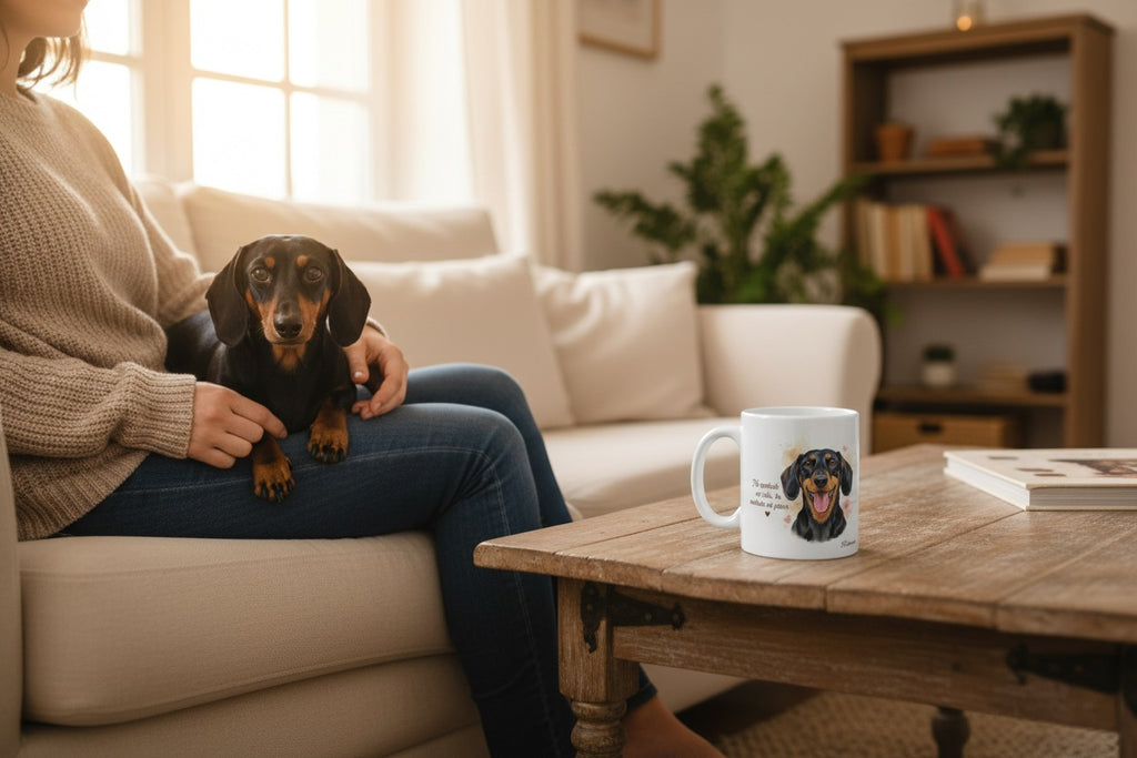 Dachshund en el regazo de su dueño en el sofá con taza Kiranoa — No controlo mi vida, la controla mi perro