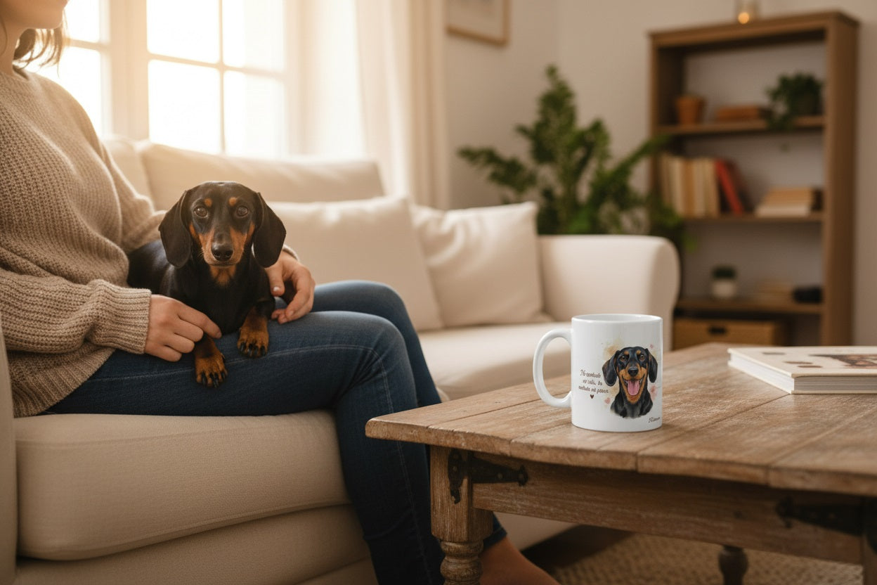 Dachshund en el regazo de su dueño en el sofá con taza Kiranoa — No controlo mi vida, la controla mi perro