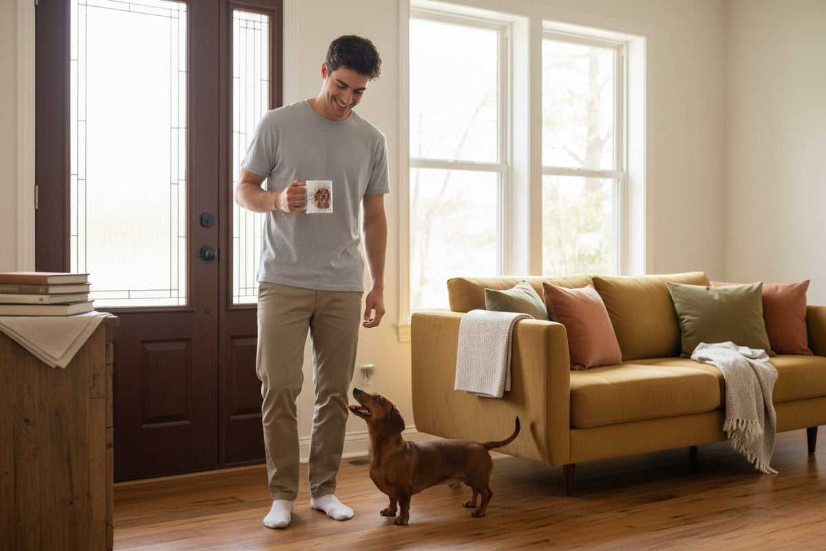 Dachshund Teckel junto a taza cerámica con ilustración en acuarela – escena lifestyle Kiranoa