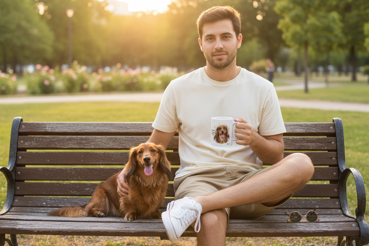 Dachshund junto a taza cerámica con ilustración en acuarela – escena lifestyle Kiranoa