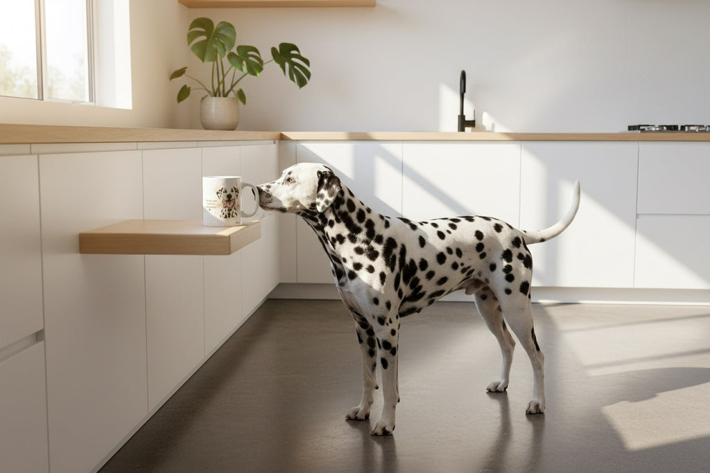 Dálmata en la cocina oliendo la taza Kiranoa — Mi perro sabe más de mí que yo mismo