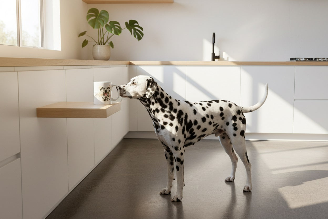 Dálmata en la cocina oliendo la taza Kiranoa — Mi perro sabe más de mí que yo mismo