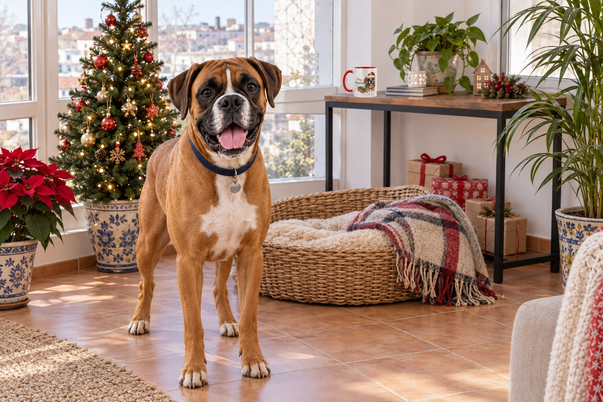 Boxer junto a taza roja de Navidad con ilustración en acuarela escena lifestyle Kiranoa
