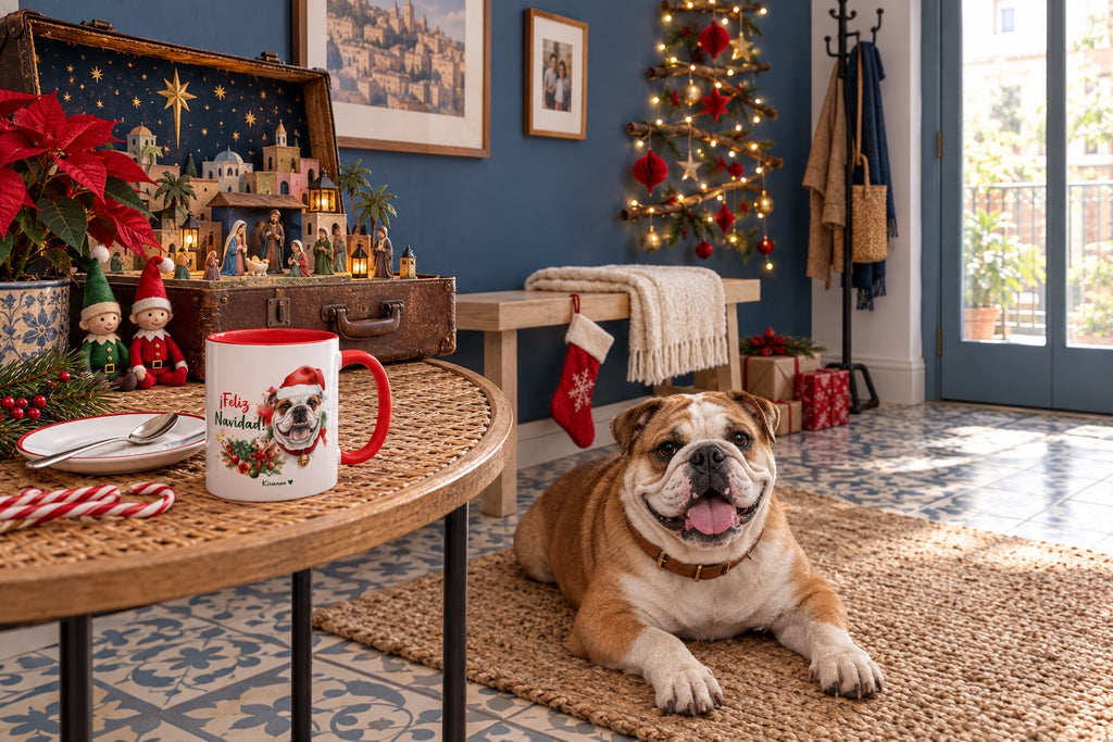 Bulldog Inglés junto a taza roja de Navidad con ilustración en acuarela escena lifestyle Kiranoa