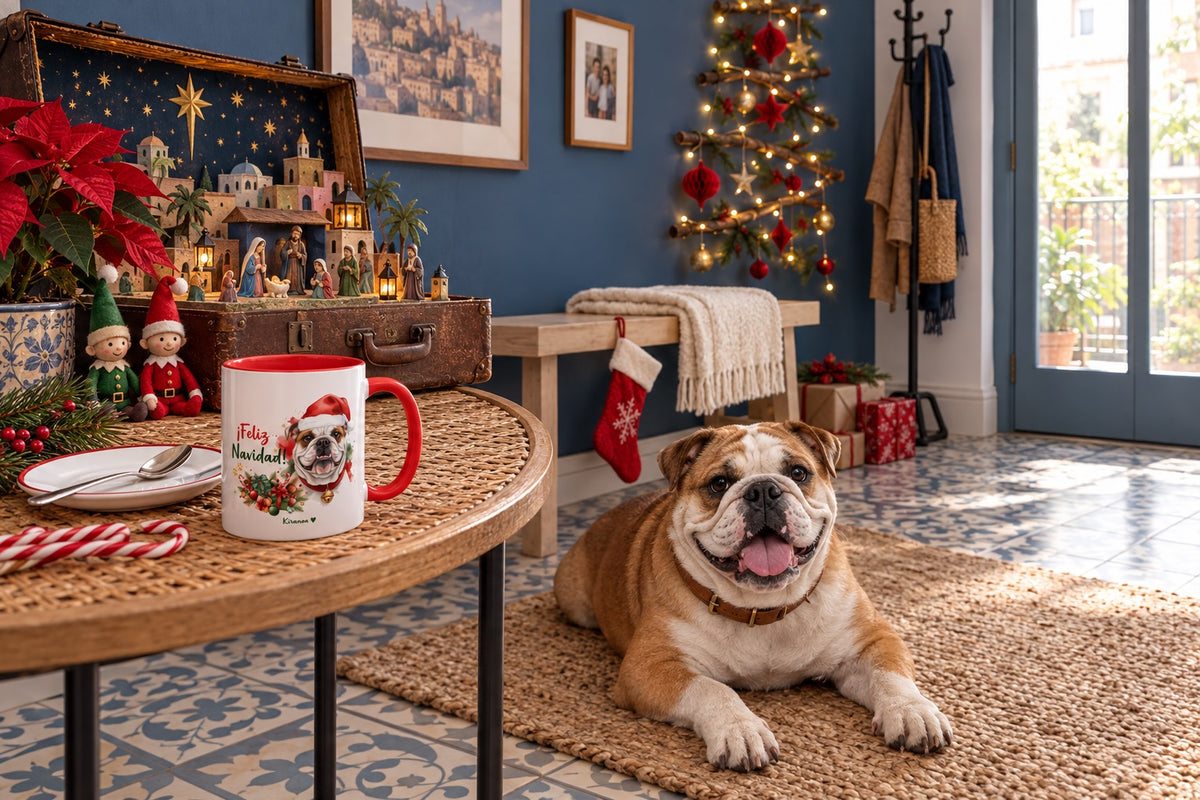 Bulldog Inglés junto a taza roja de Navidad con ilustración en acuarela escena lifestyle Kiranoa