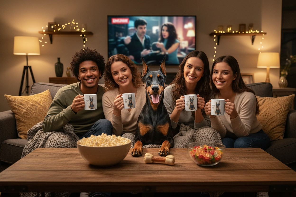 Dóberman en el sofá con jóvenes viendo una película con taza Kiranoa — Mi perro no obedece, negocia