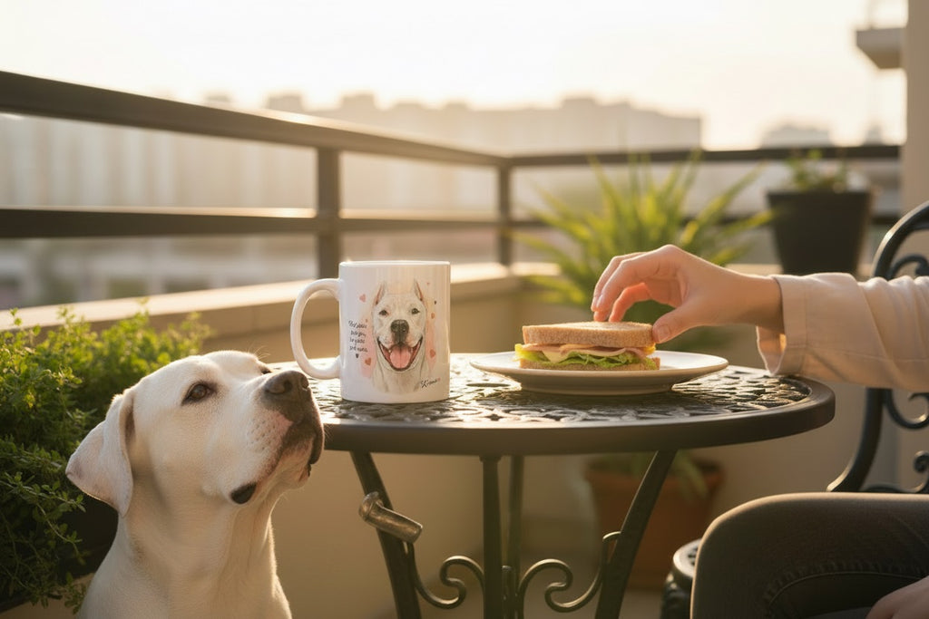 Dogo Argentino en balcón junto a mesita de hierro con taza Kiranoa — Nací para proteger, me quedé para amar