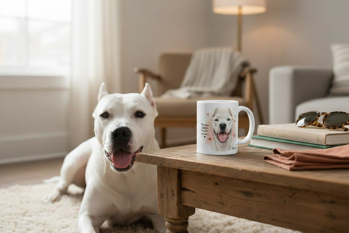 Dogo Argentino junto a taza cerámica con ilustración en acuarela – escena lifestyle Kiranoa