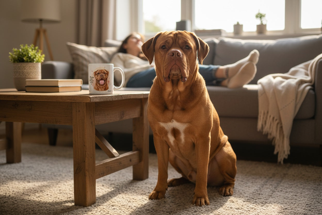 Dogo de Burdeos junto a mesita de café con taza Kiranoa — Mi tamaño asusta, mi corazón enamora