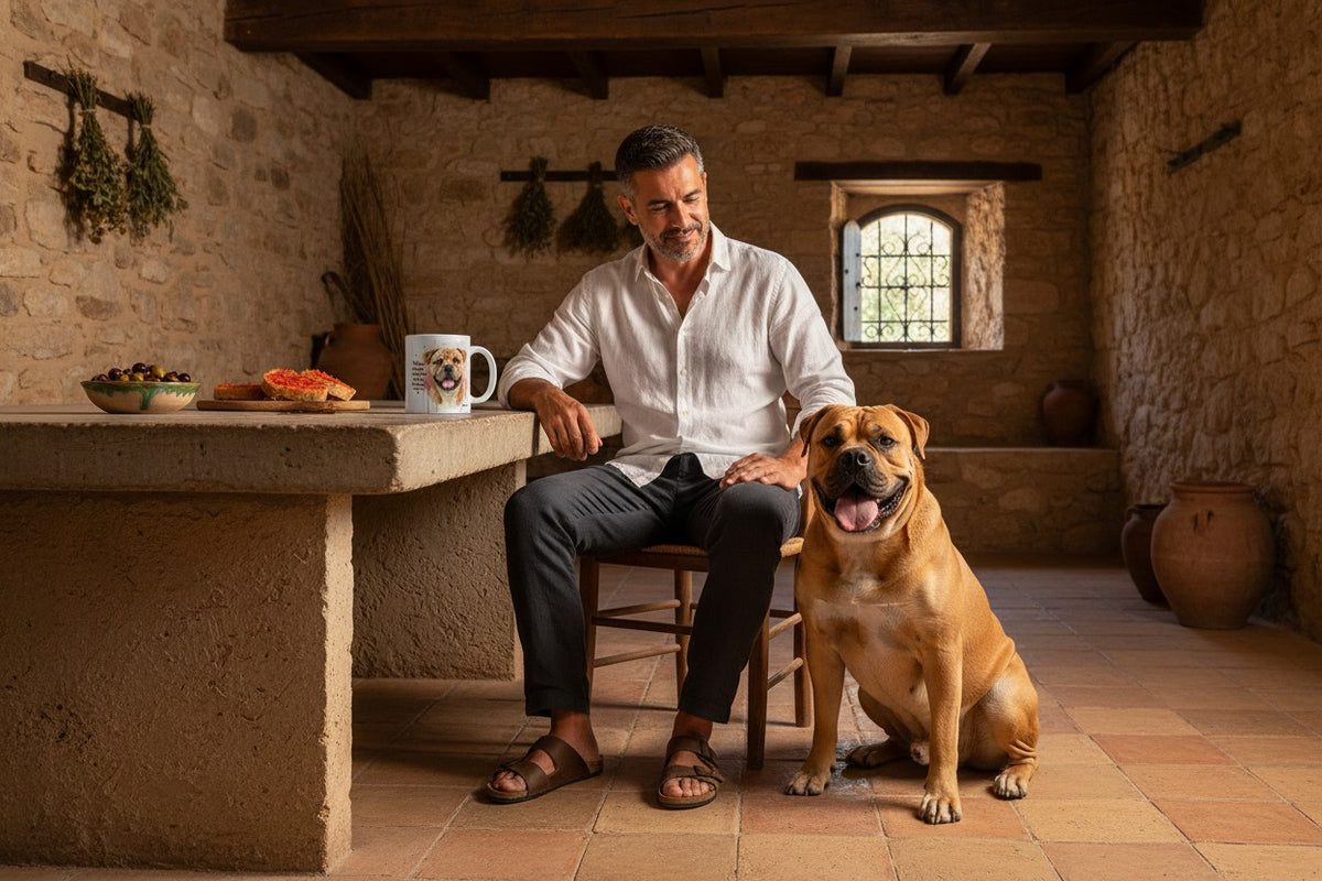 Dogo Mallorquín junto a taza cerámica con ilustración en acuarela – escena lifestyle Kiranoa