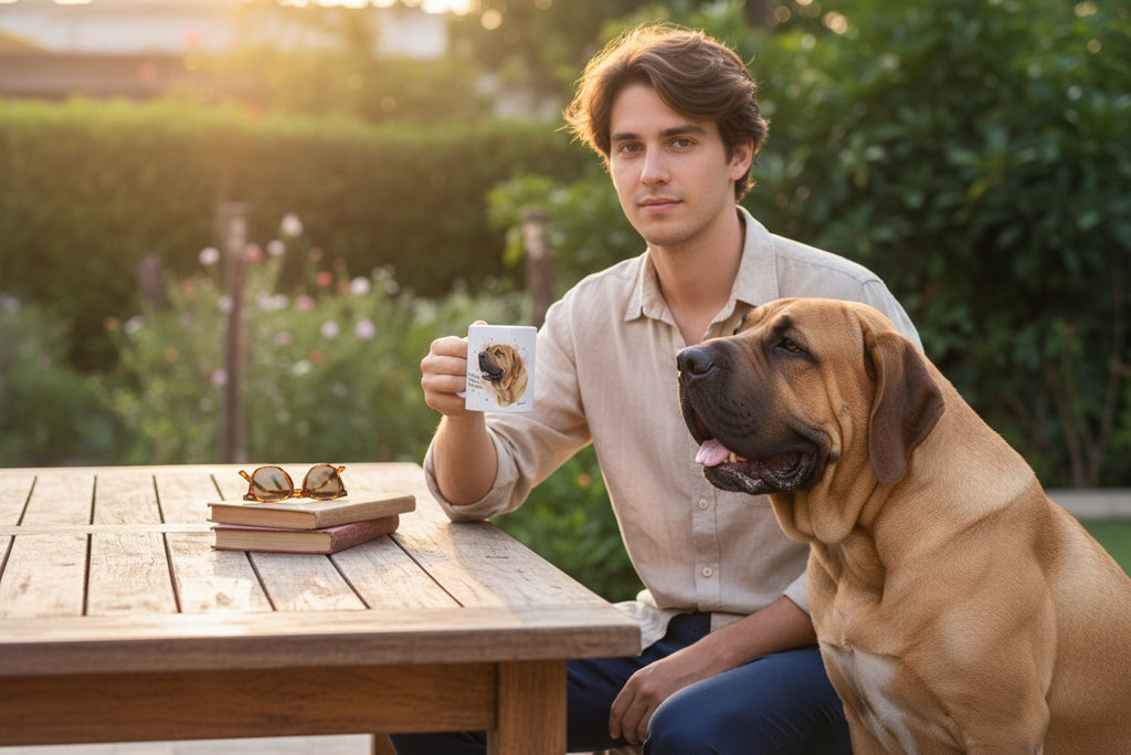 Fila Brasileiro junto a taza cerámica con ilustración en acuarela – escena lifestyle Kiranoa