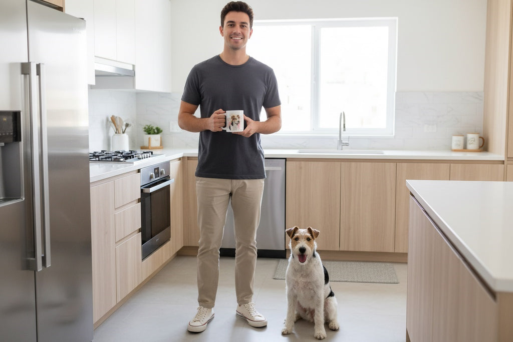 Fox Terrier junto a taza cerámica con ilustración en acuarela – escena lifestyle Kiranoa