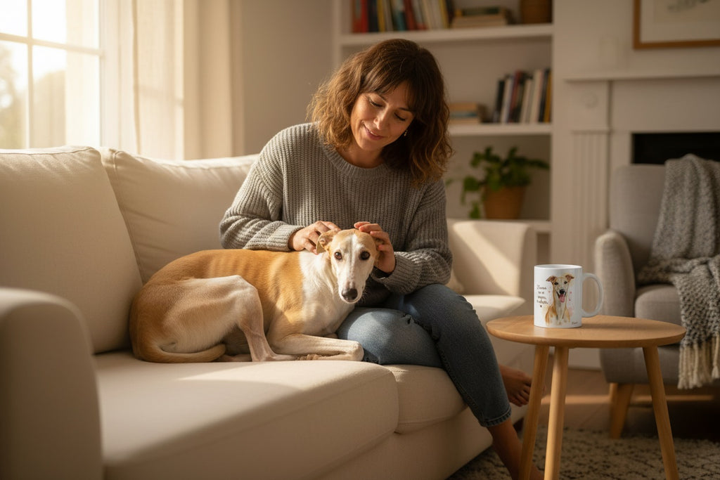 Galgo acurrucado en el sofá con taza Kiranoa — El amor no se compra, se adopta