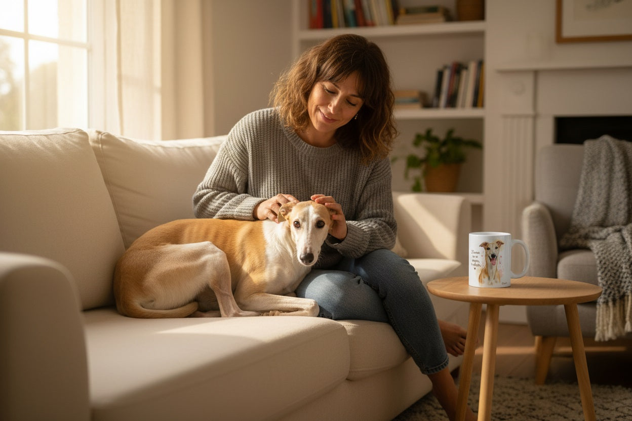 Galgo acurrucado en el sofá con taza Kiranoa — El amor no se compra, se adopta
