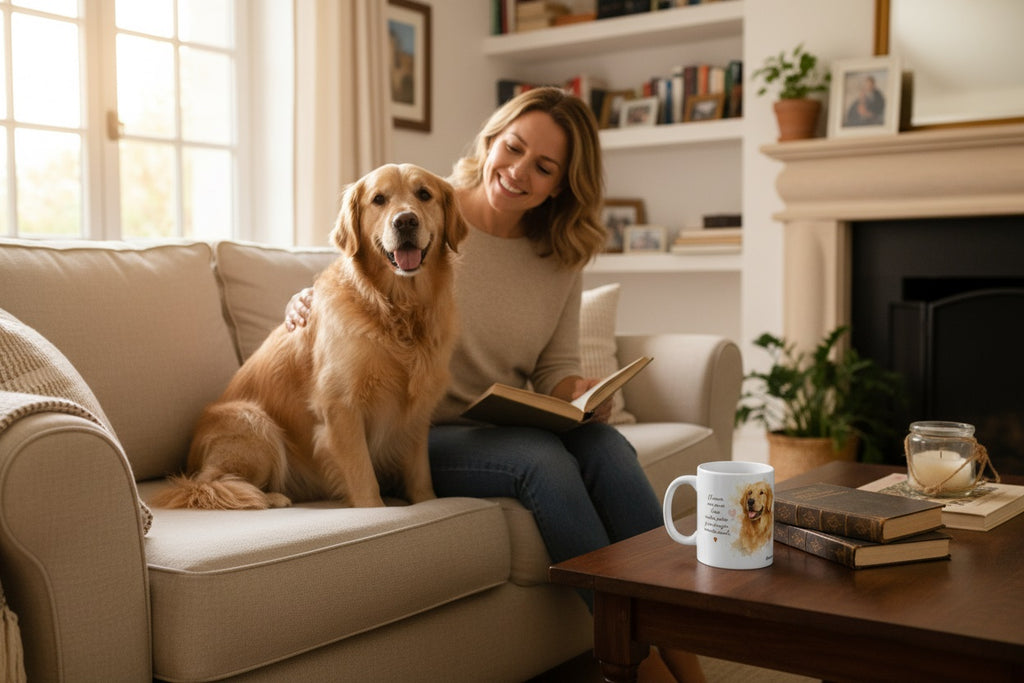 Golden Retriever en el sofá junto a su dueño con taza Kiranoa — El amor más puro tiene cuatro patas
