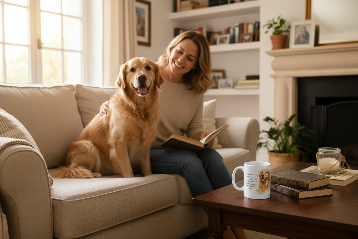 Golden Retriever en el sofá junto a su dueño con taza Kiranoa — El amor más puro tiene cuatro patas
