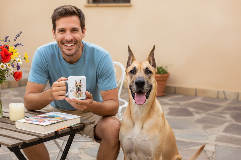 Gran Danés junto a taza cerámica con ilustración en acuarela – escena lifestyle Kiranoa