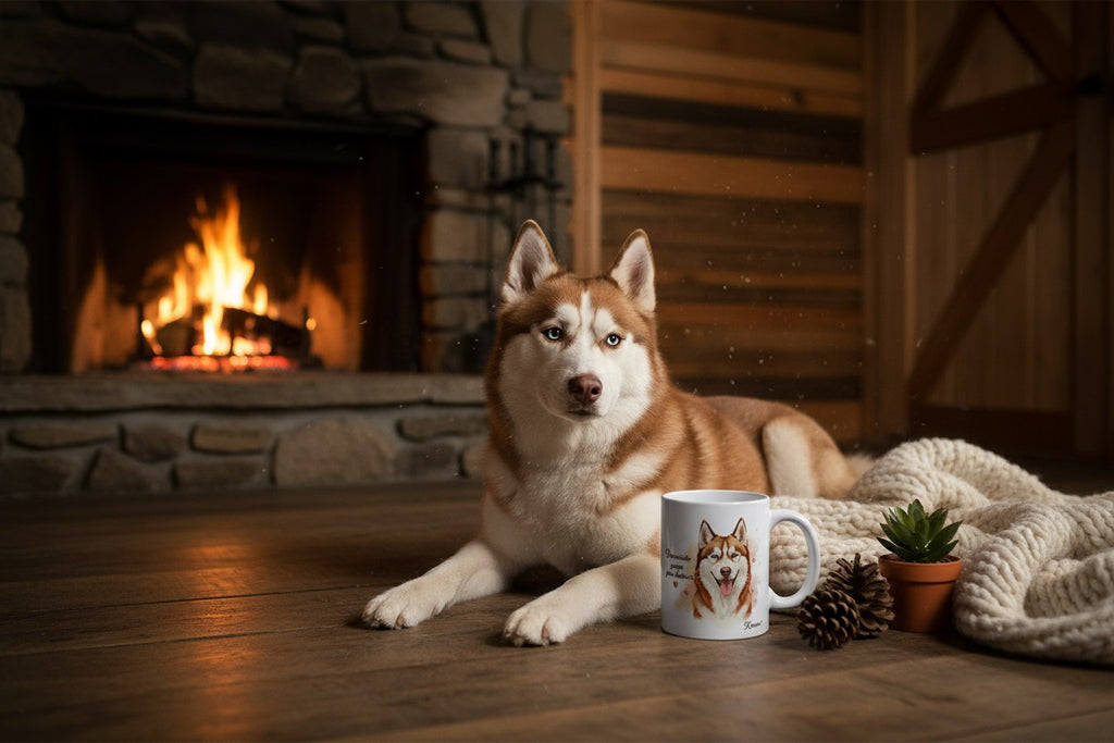Husky Siberiano Rojizo junto a taza cerámica con ilustración en acuarela – escena lifestyle Kiranoa