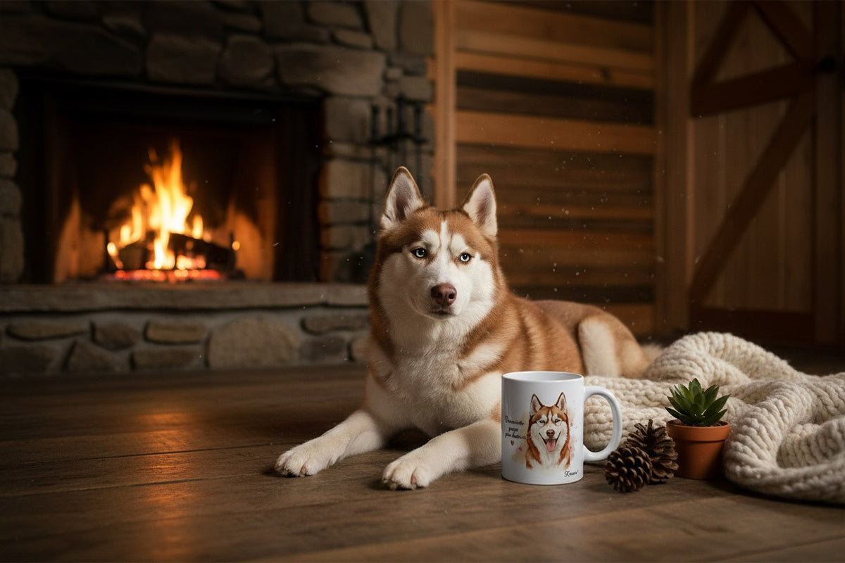 Husky Siberiano Rojizo junto a taza cerámica con ilustración en acuarela – escena lifestyle Kiranoa