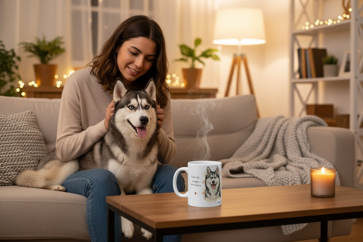 Husky Siberiano en el sofá junto a su dueño con taza Kiranoa — Cada día es mejor con mi perro