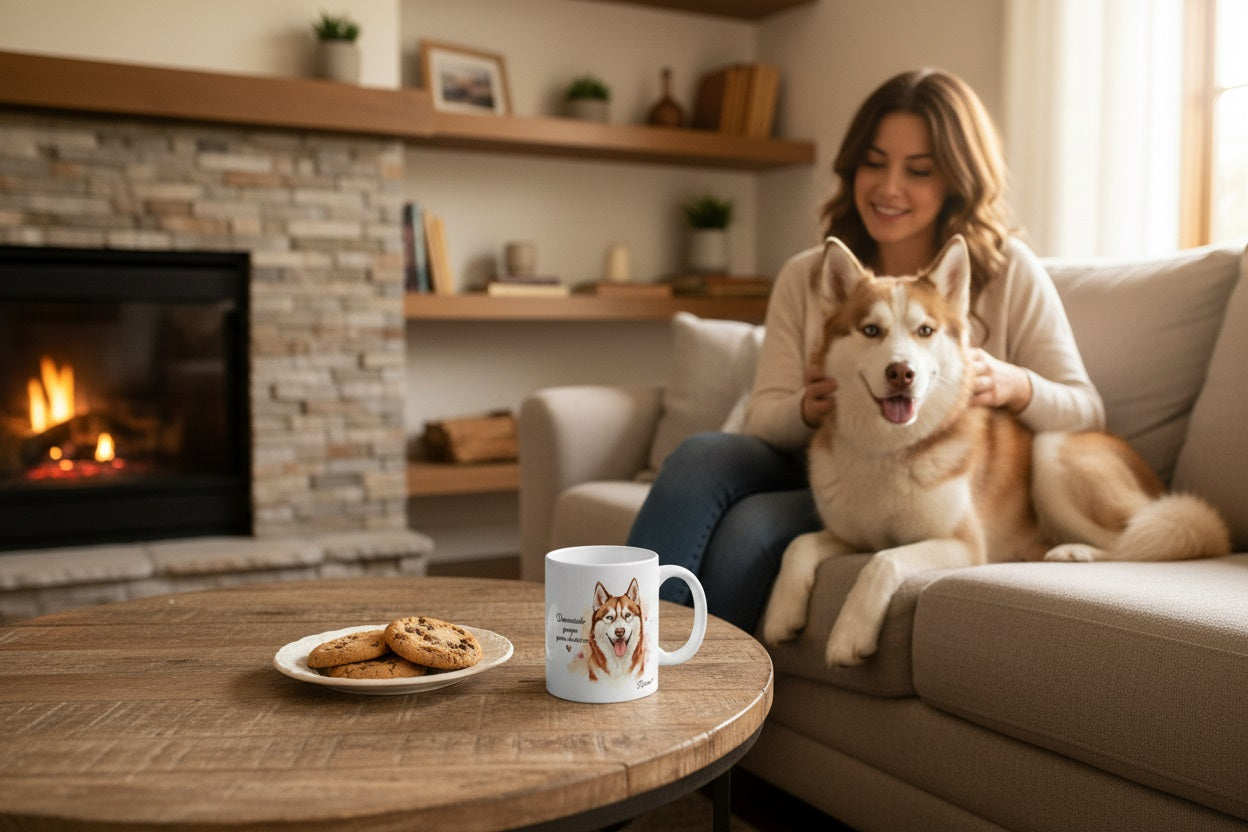 Husky Siberiano rojizo en el sofá junto a su dueño con taza Kiranoa — Demasiado guapo para obedecer