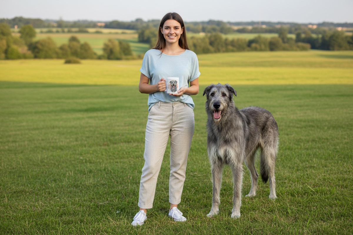 Irish Wolfhound junto a taza cerámica con ilustración en acuarela – escena lifestyle Kiranoa