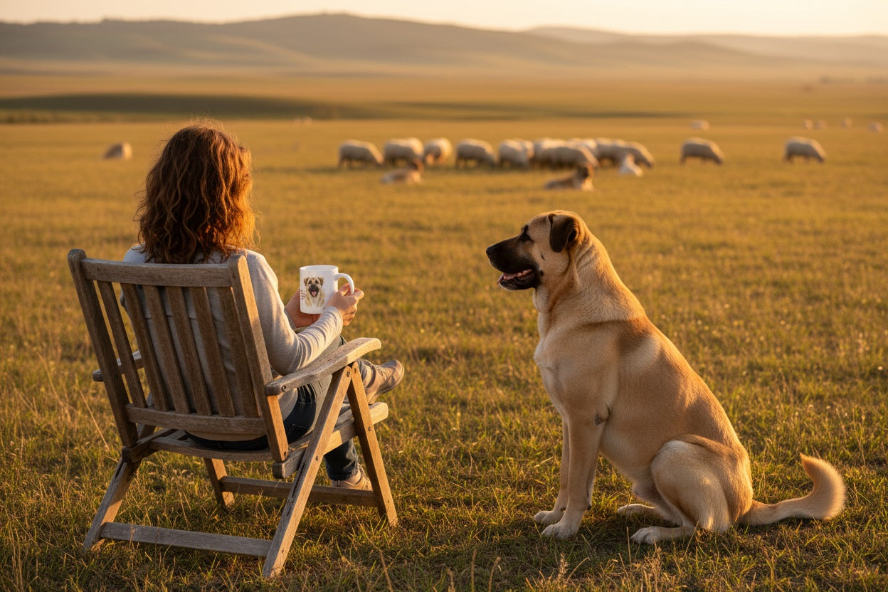 Kangal junto a su dueño en el campo con taza Kiranoa y rebaño al fondo — Lealtad en su máxima expresión