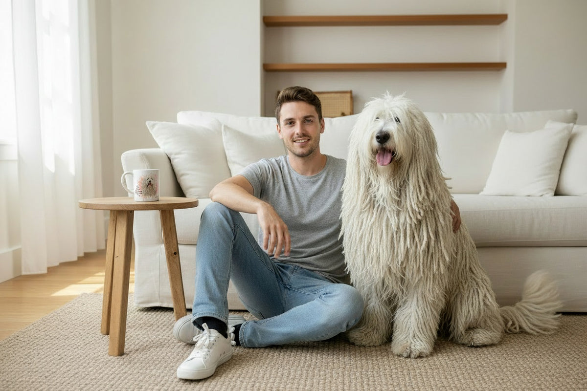 Komondor junto a taza cerámica con ilustración en acuarela – escena lifestyle Kiranoa