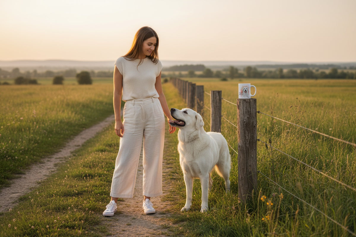 Kuvasz junto a taza cerámica con ilustración en acuarela – escena lifestyle Kiranoa