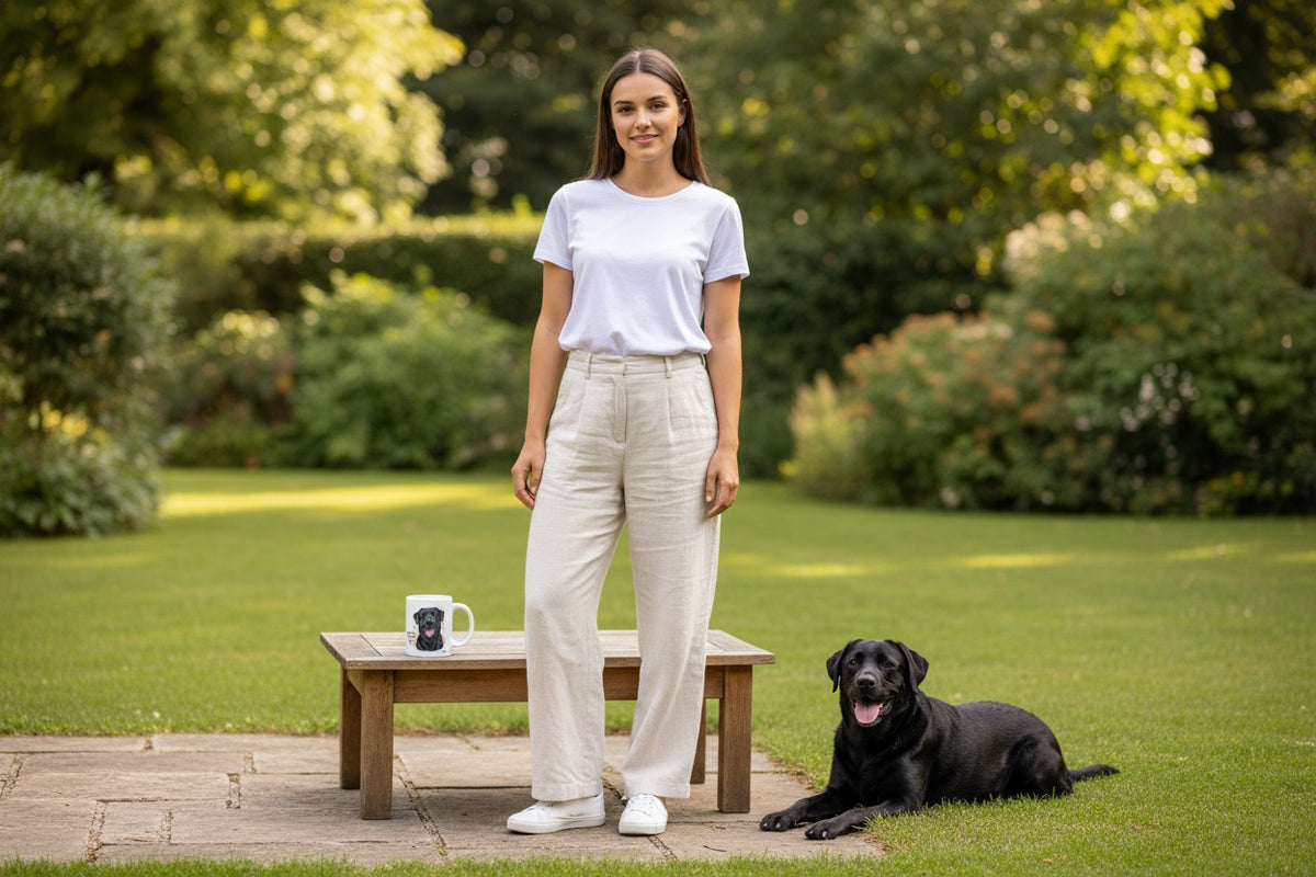  Labrador junto a taza cerámica con ilustración en acuarela – escena lifestyle Kiranoa