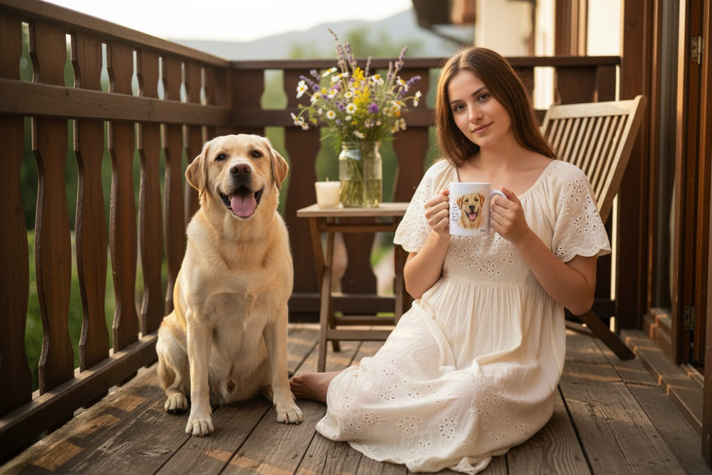 Labrador junto a taza cerámica con ilustración en acuarela – escena lifestyle Kiranoa
