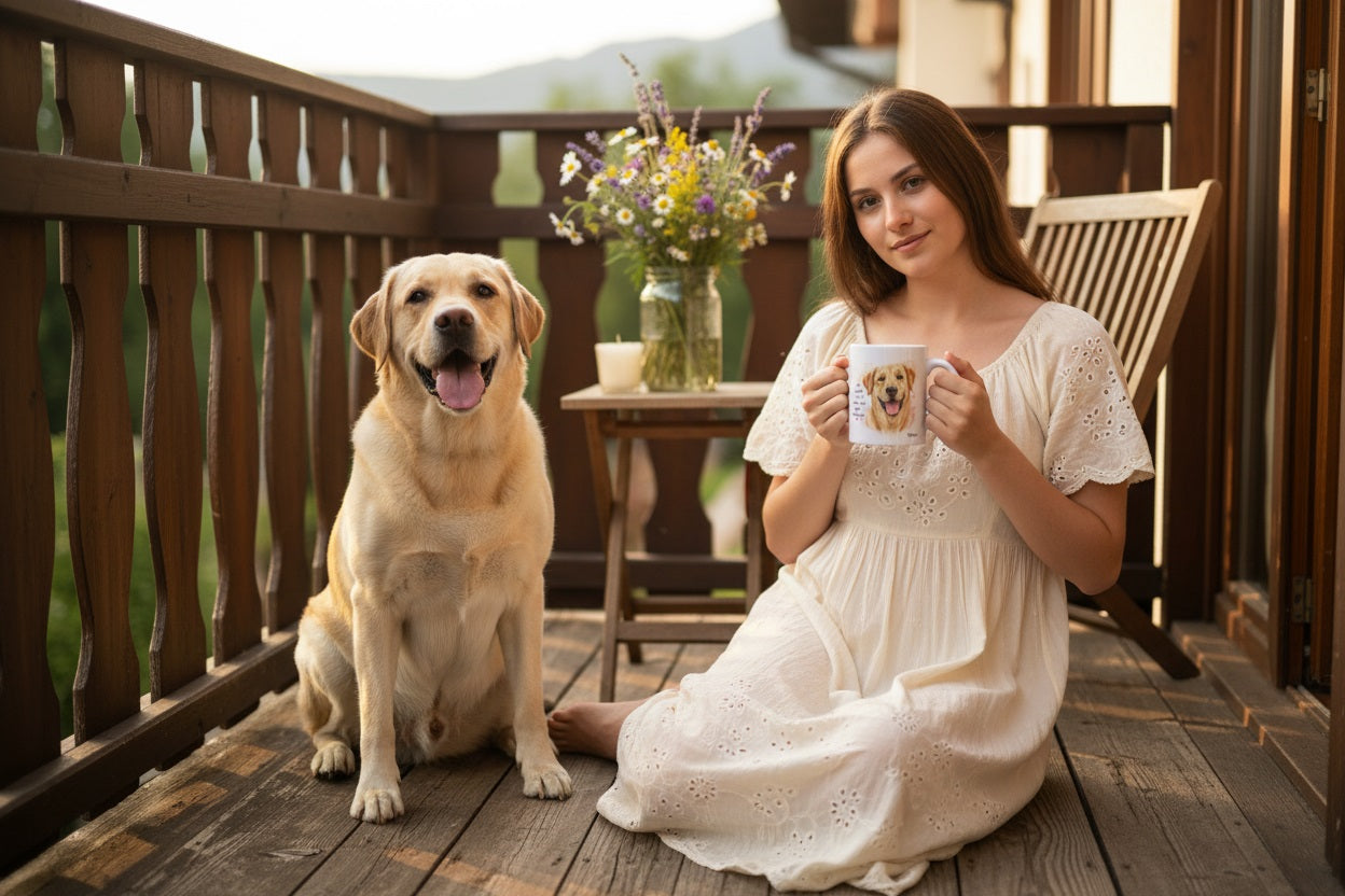 Labrador junto a taza cerámica con ilustración en acuarela – escena lifestyle Kiranoa