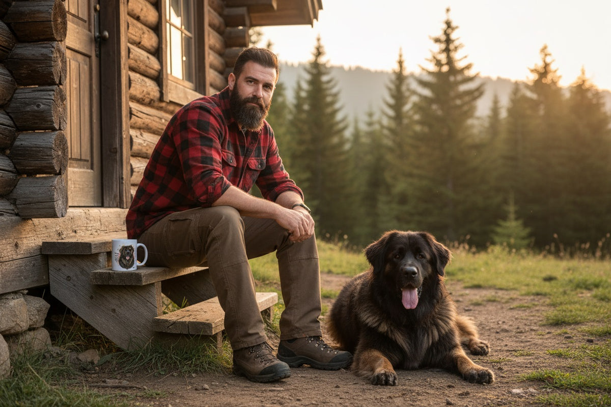 Leonberger junto a taza cerámica con ilustración en acuarela – escena lifestyle Kiranoa
