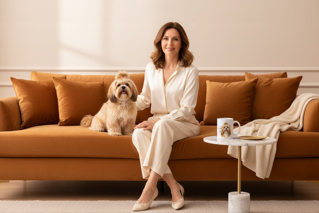 Lhasa Apso junto a taza cerámica con ilustración en acuarela – escena lifestyle Kiranoa