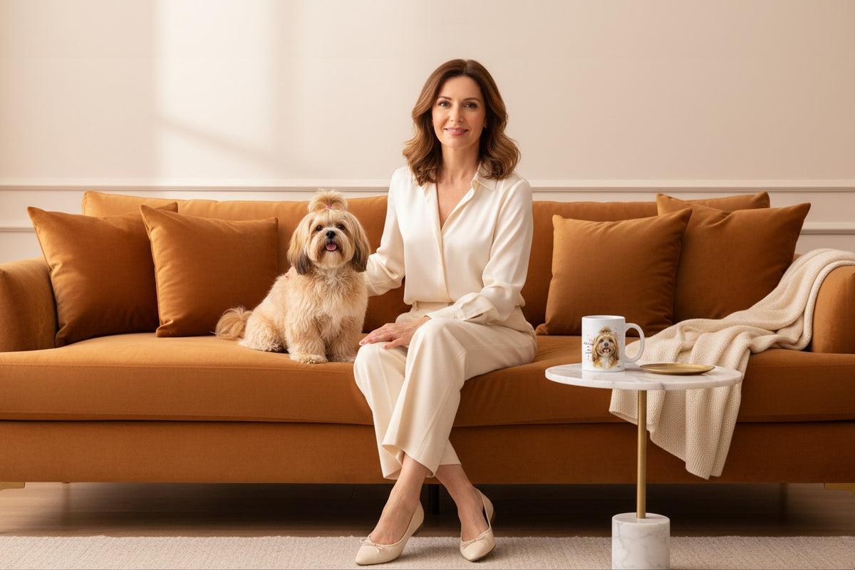 Lhasa Apso junto a taza cerámica con ilustración en acuarela – escena lifestyle Kiranoa
