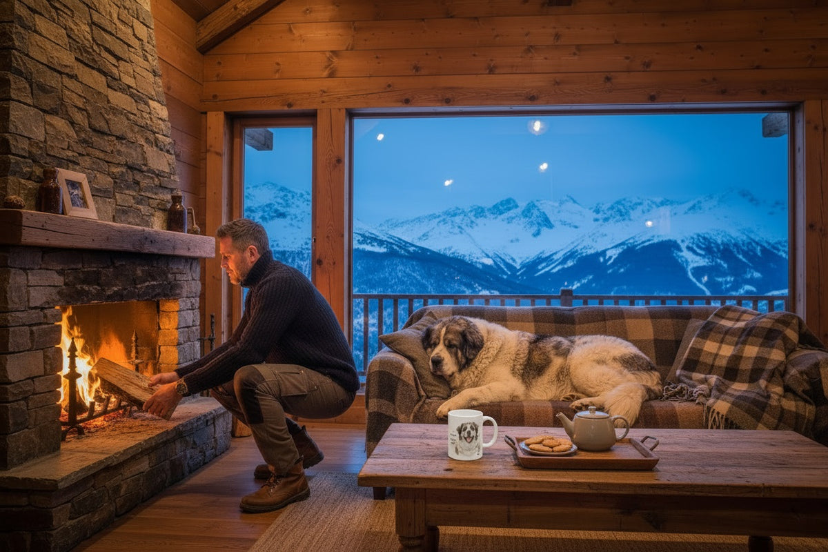 Mastín del Pirineo junto a taza cerámica con ilustración en acuarela – escena lifestyle Kiranoa